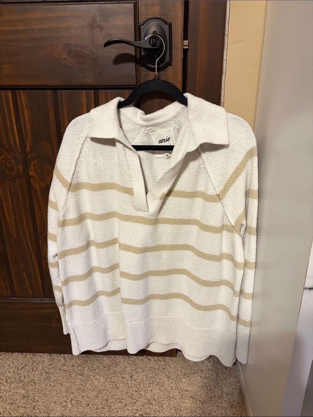 aerie Cream Sweater Oversized with Tan Stripes